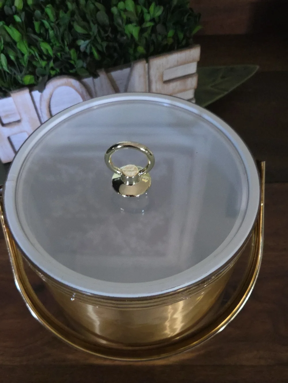 Mid Century Modern Brushed Gold Insulated Ice Bucket Acrylic Lid Retro Barware